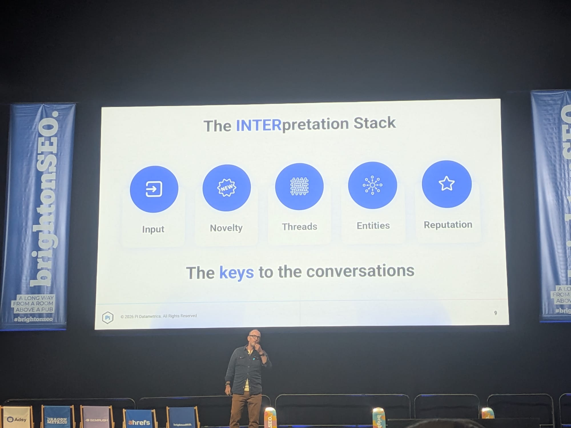 Jon EarnshawのBrightonSEO 2026スライド「The INTERpretation Stack」 - 5つのアイコンが並び、Input(インプット)、Novelty(新規性)、Threads(スレッド)、Entities(エンティティ)、Reputation(評判)を表示。「The keys to the conversations(会話の鍵)」と説明