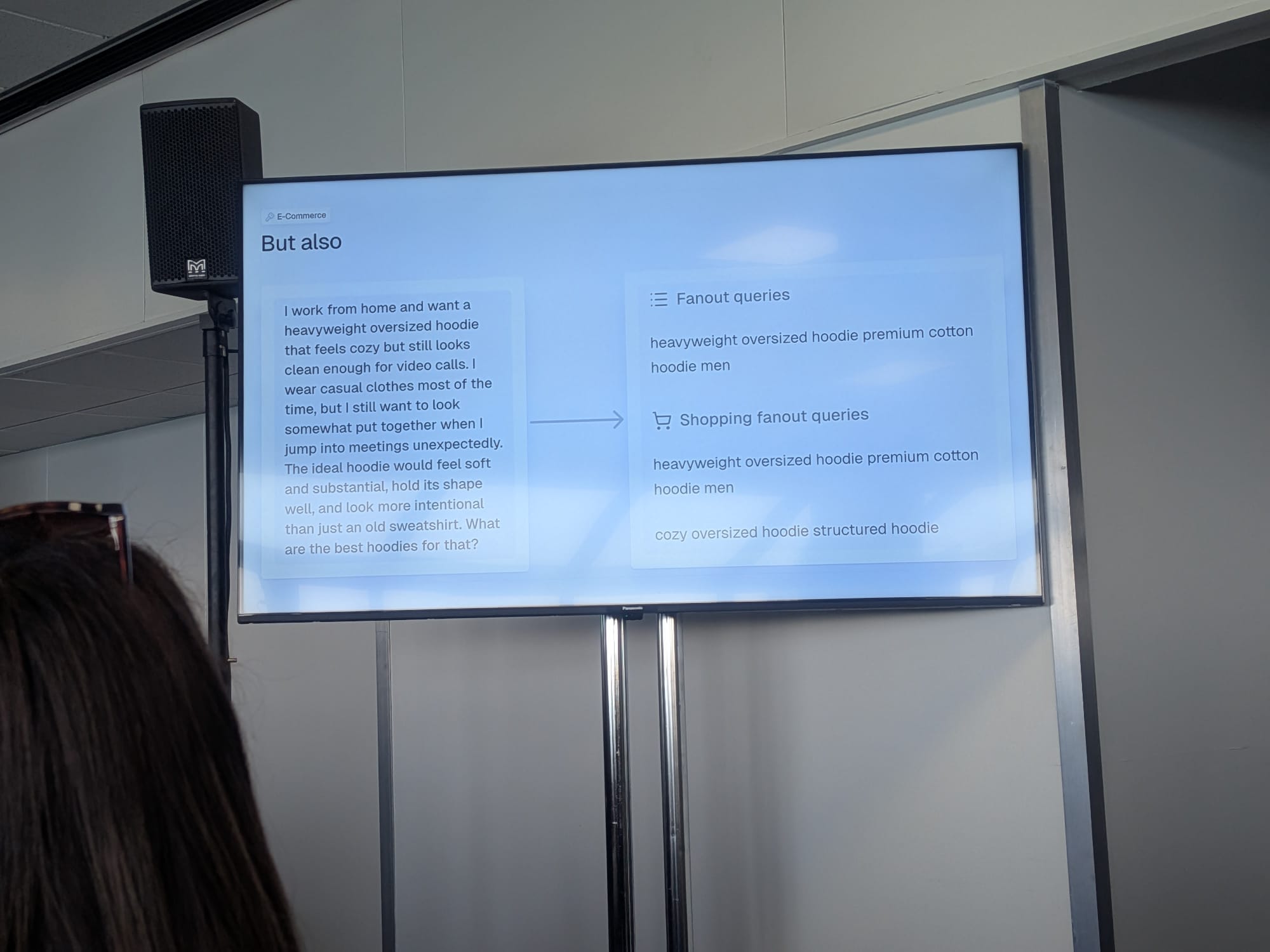 Malte LandwehrのBrightonSEO 2026セッションのスライド: ECフーディのプロンプトに対してChatGPTが生成するファンアウトクエリとショッピングファンアウトクエリの例