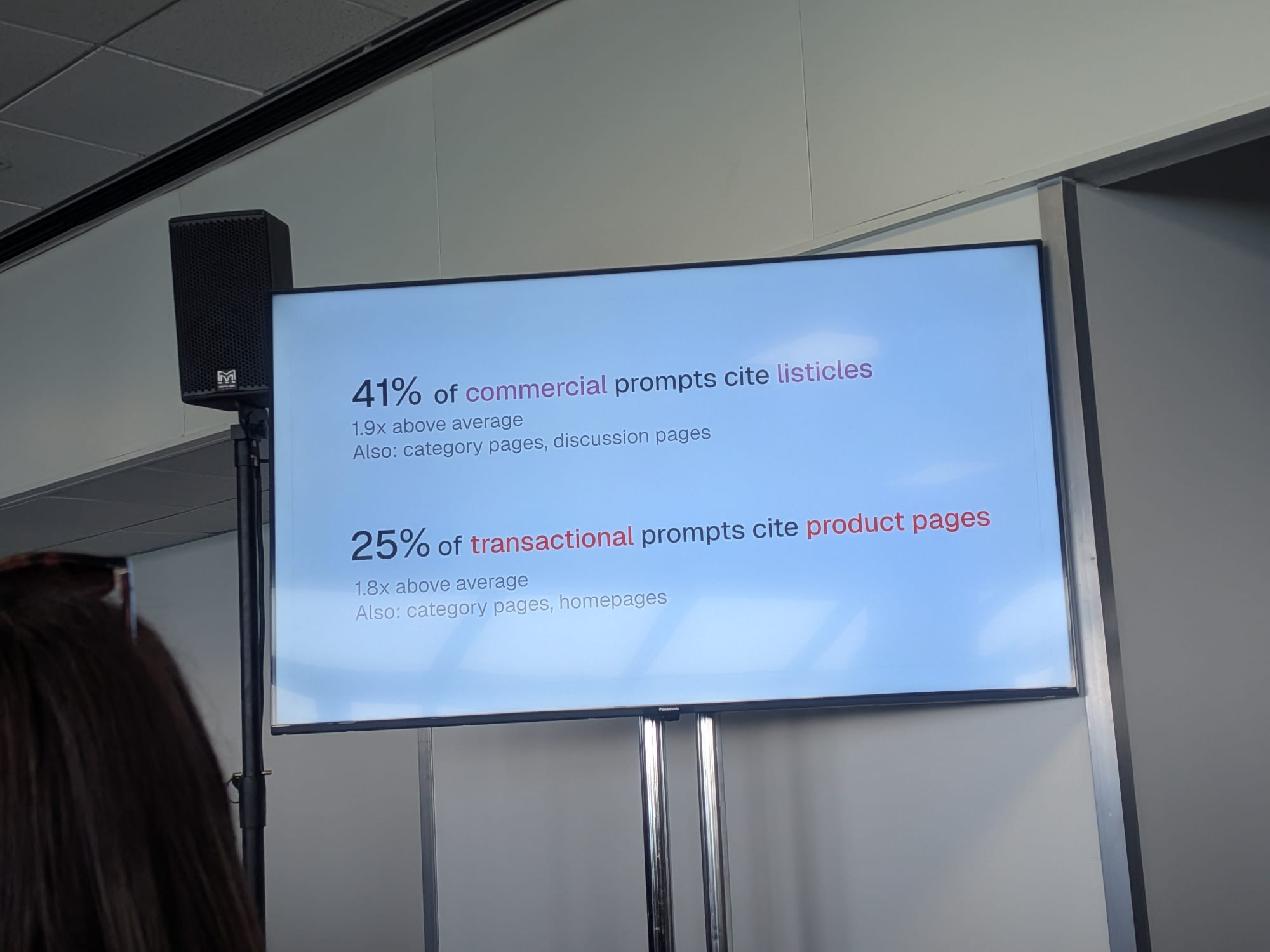 Malte LandwehrのBrightonSEO 2026セッションのスライド: コマーシャルプロンプトの41%がリスティクルを引用(平均の1.9倍)、トランザクショナルプロンプトの25%がプロダクトページを引用(平均の1.8倍)