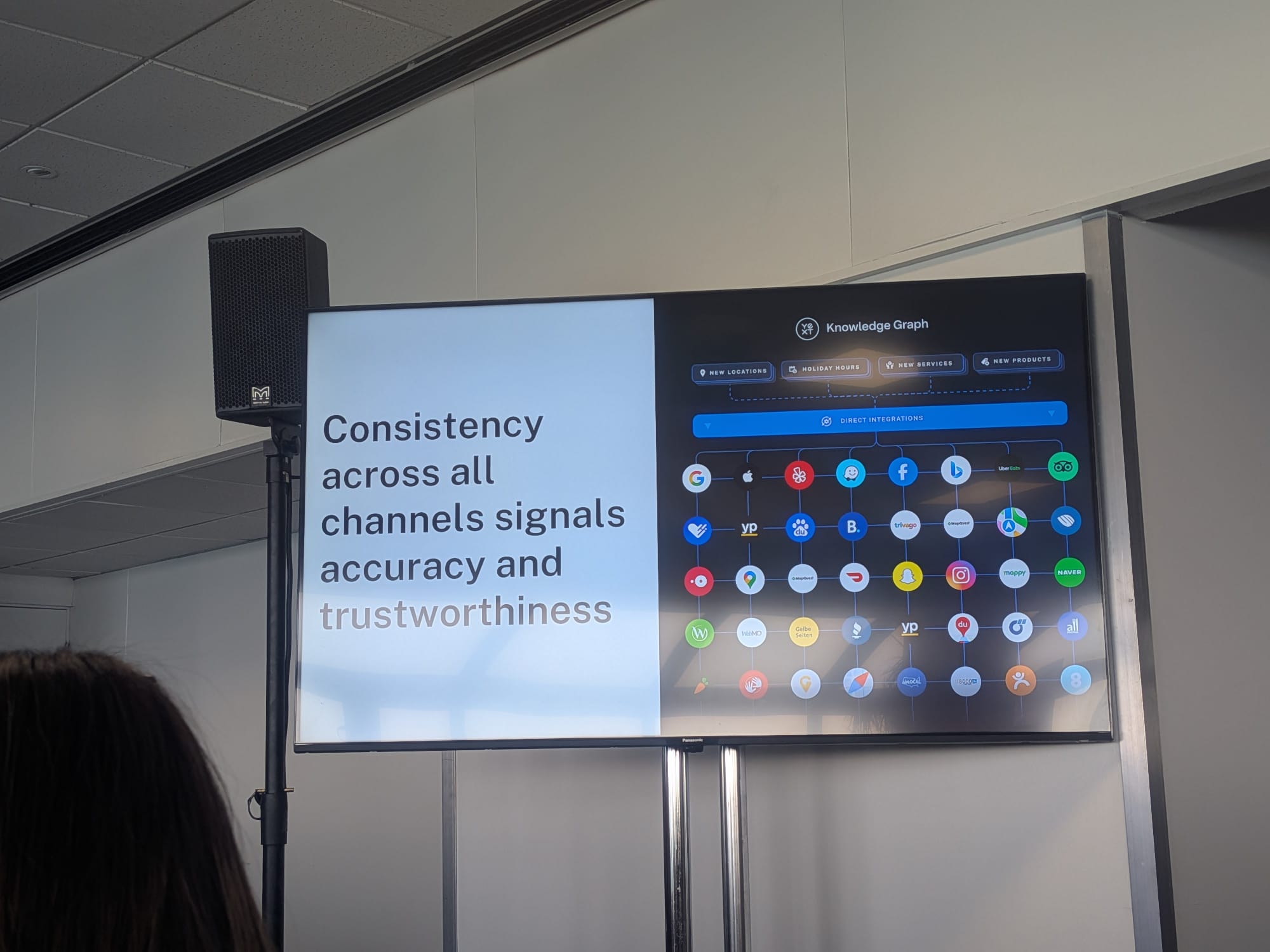 Wendi SturgisのBrightonSEO 2026セッションのスライド: 「Consistency across all channels signals accuracy and trustworthiness」とYextナレッジグラフのビジュアル — New Locations / Holiday Hours / New Services / New Products がDirect Integrationsを通じてGoogle、Apple、Yelp、Bing、Facebook、MapQuest、Tripadvisor、Naverなど30+プラットフォームに供給