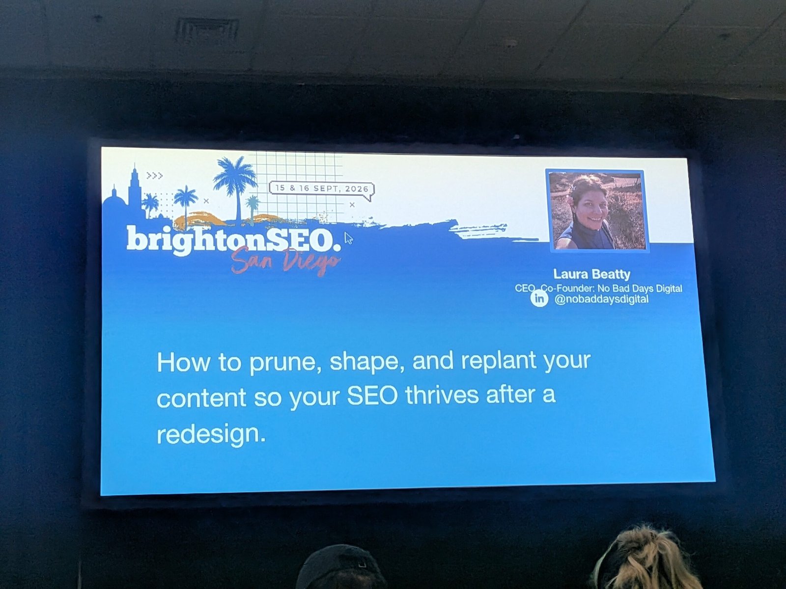 Laura Beatty's title slide at brightonSEO San Diego 2026