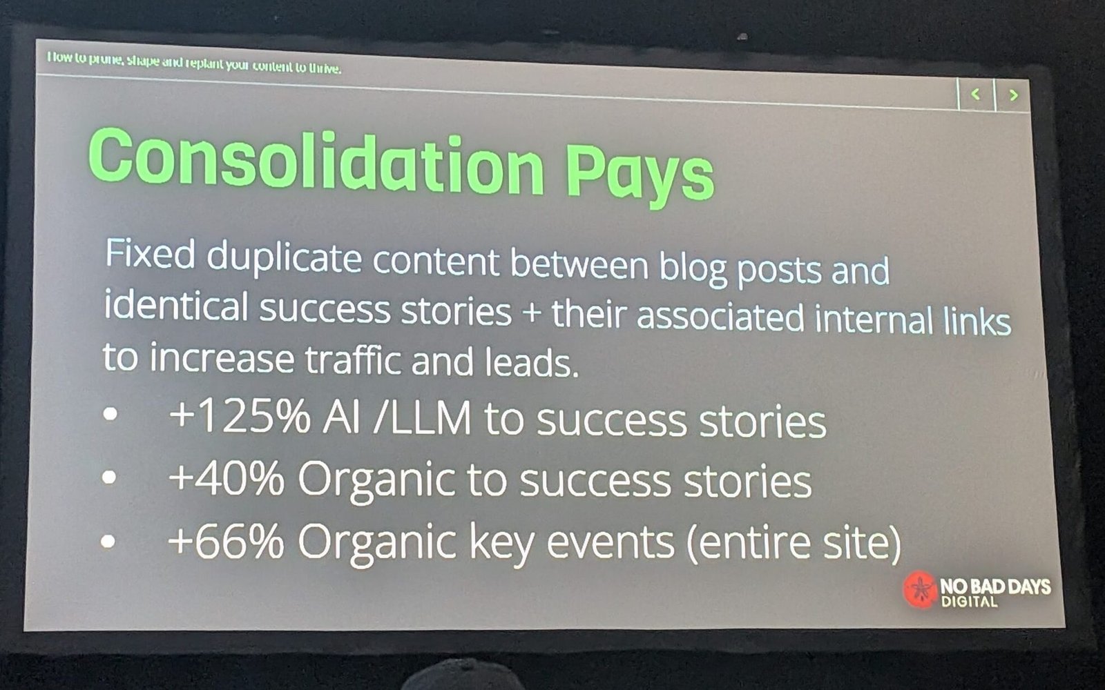 Slide showing +125% AI traffic to success stories after consolidating duplicate content