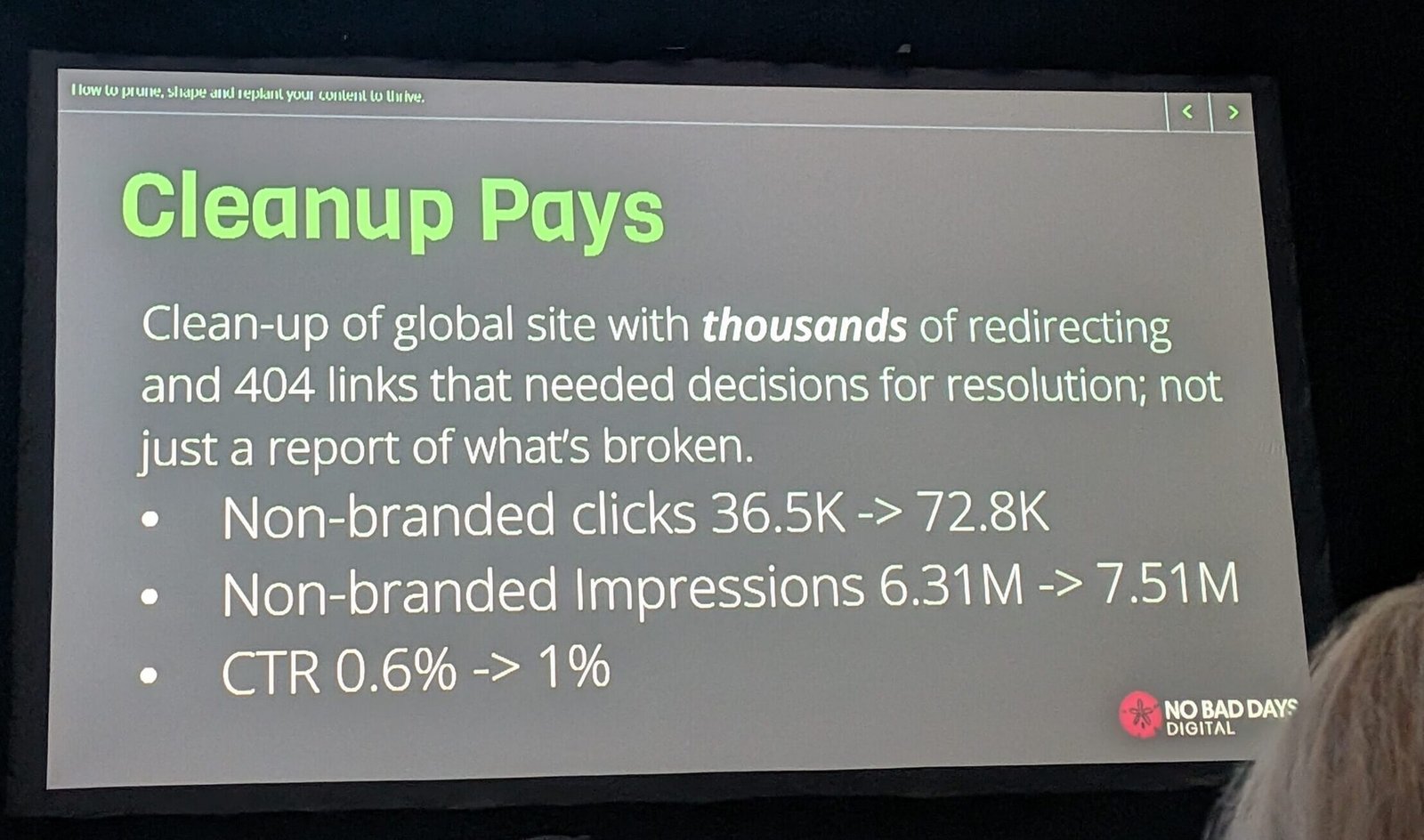 Slide showing non-branded clicks doubling after cleaning up redirects and 404s