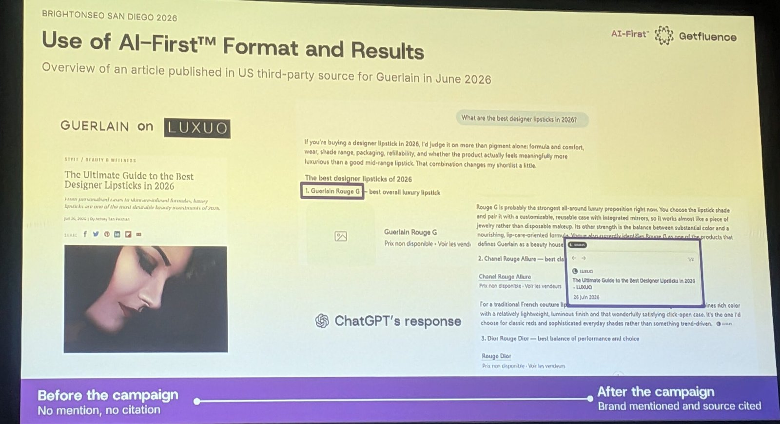 AI-First format results: Guerlain on LUXUO, June 2026, ChatGPT's response