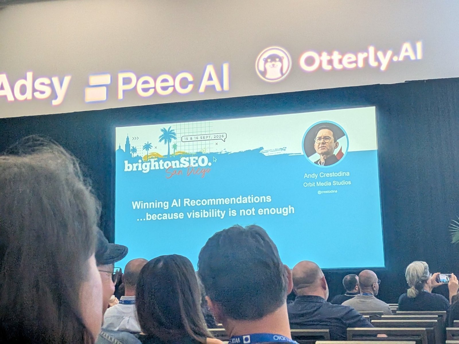 Title slide: "Winning AI Recommendations, because visibility is not enough." Andy Crestodina, Orbit Media Studios
