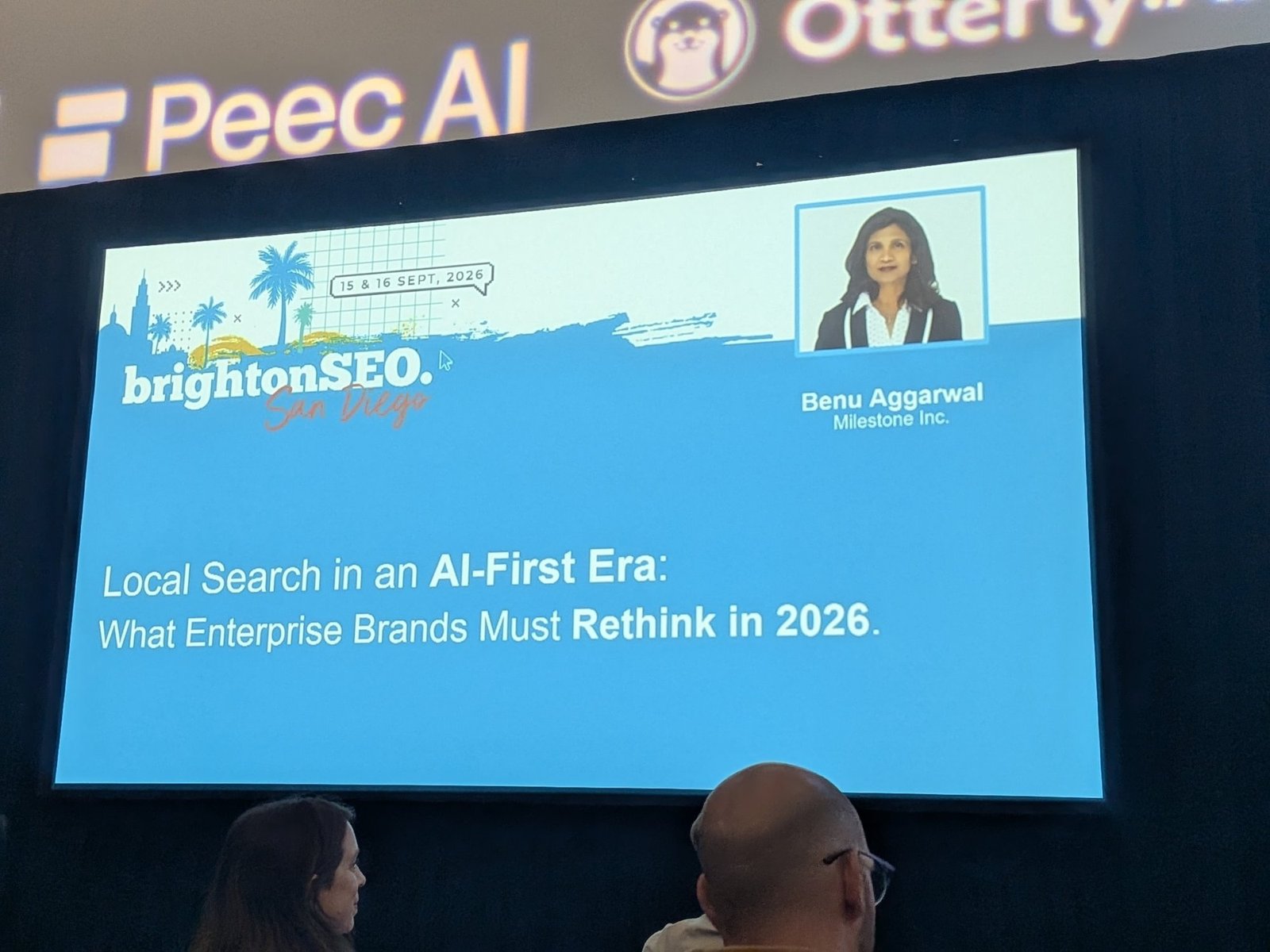 Title slide: "Local Search in an AI-First Era: What Enterprise Brands Must Rethink in 2026" by Benu Aggarwal, Milestone Inc.