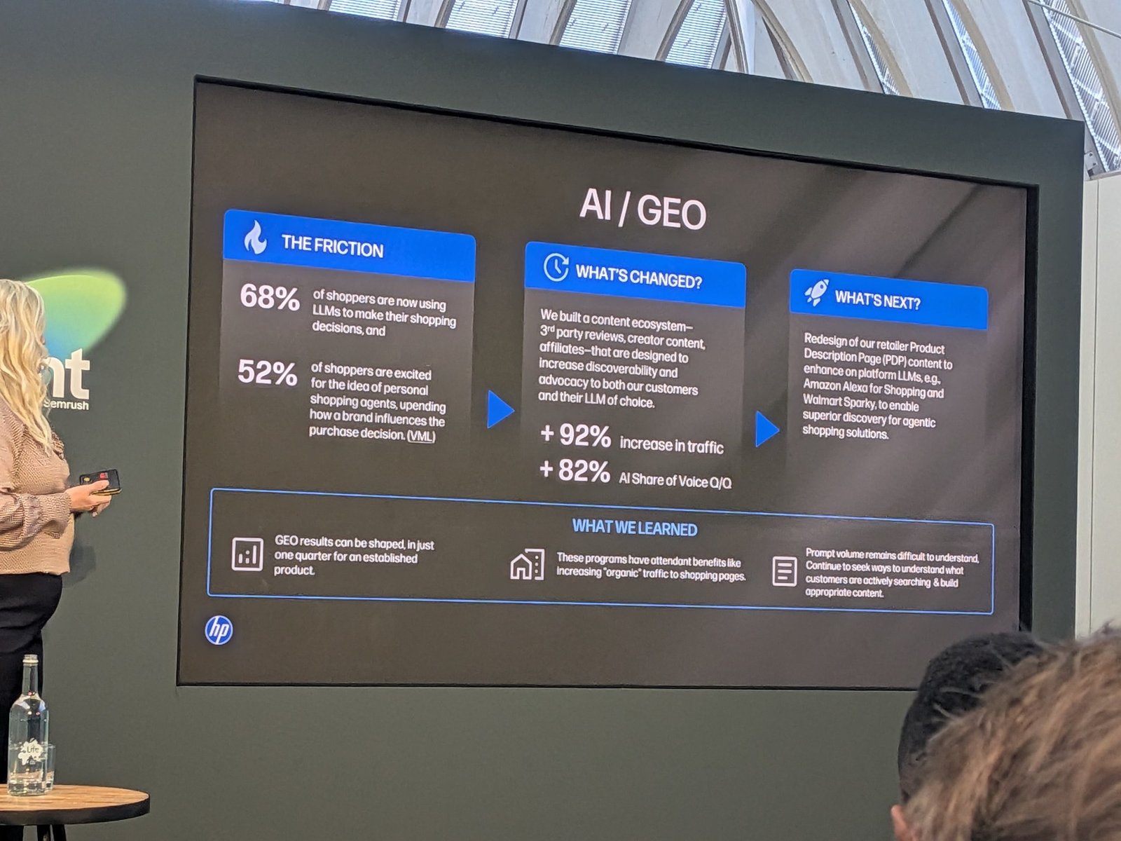 Slide: HP AI and GEO results, the friction, what changed and what's next