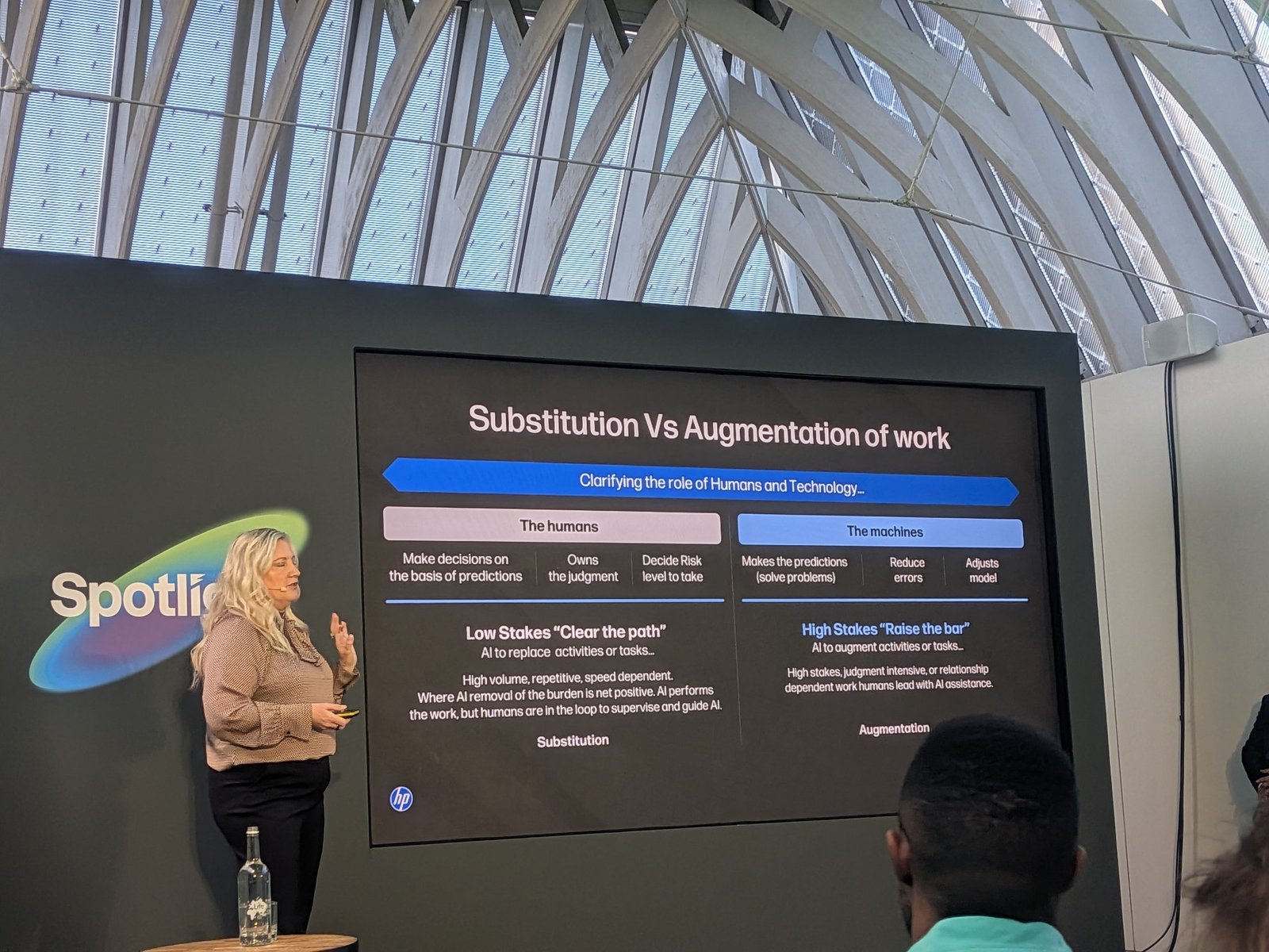 Slide: Substitution vs augmentation of work, the roles of humans and machines in low stakes and high stakes work