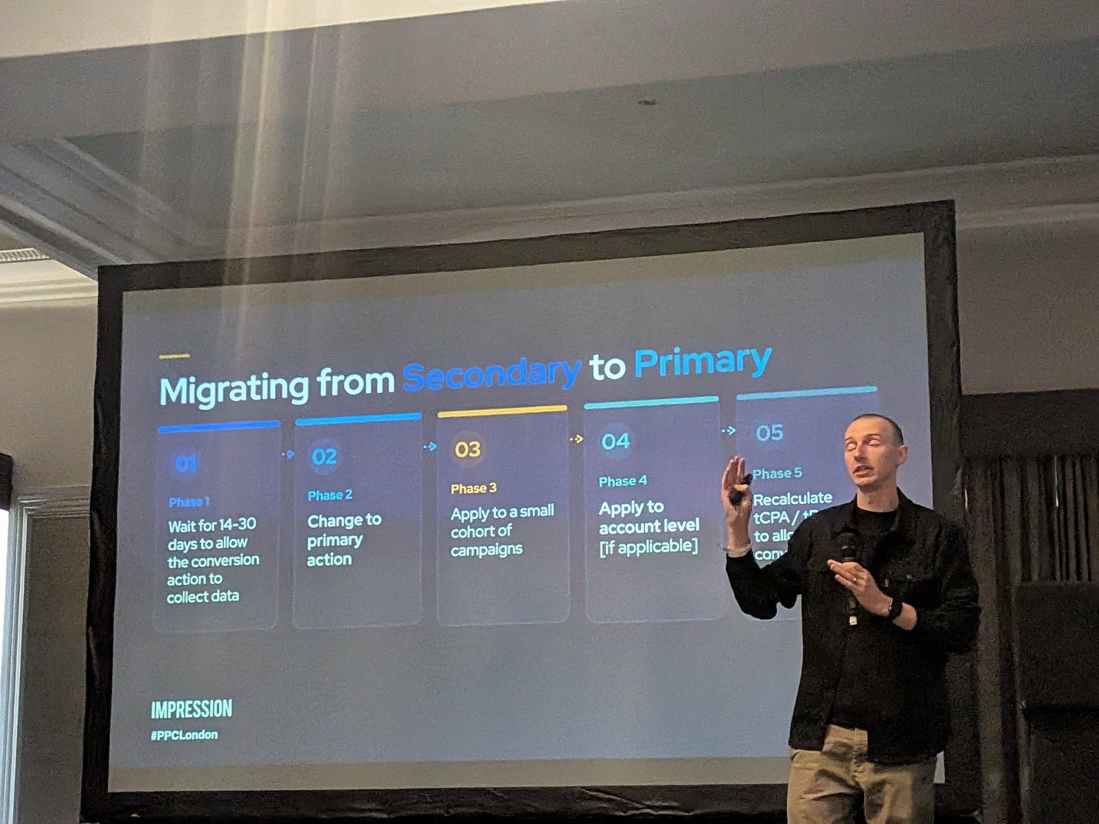 Slide "Migrating from Secondary to Primary": five phases from waiting 14 to 30 days to recalculating tCPA or tROAS