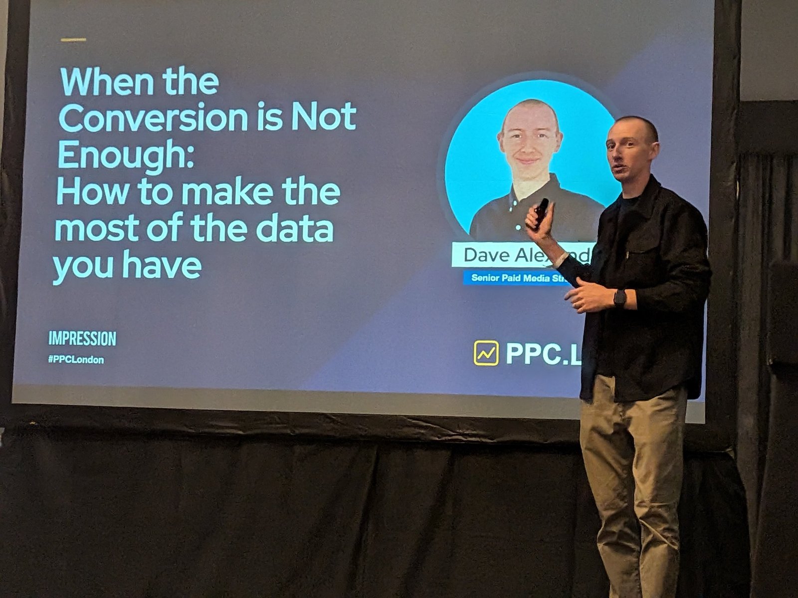 Title slide "When the Conversion is Not Enough" with Dave Alexander on stage