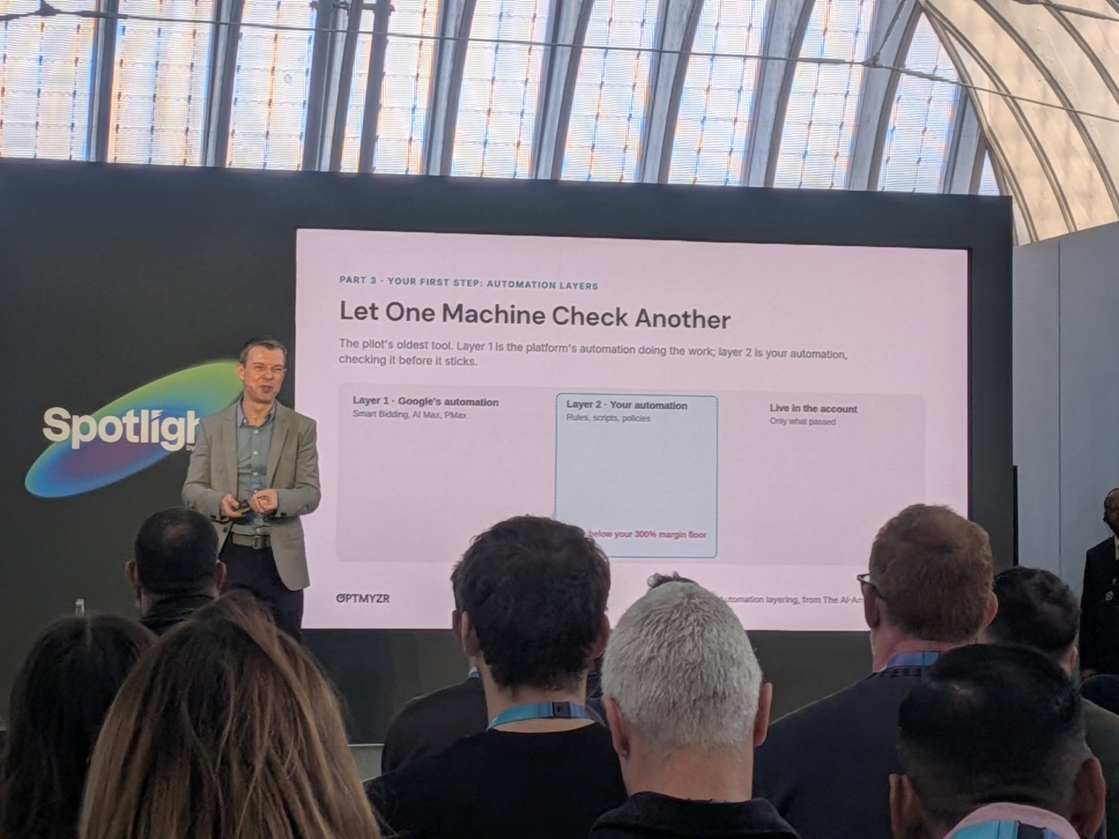 Slide: Let one machine check another, layer 1 Google's automation, layer 2 your automation