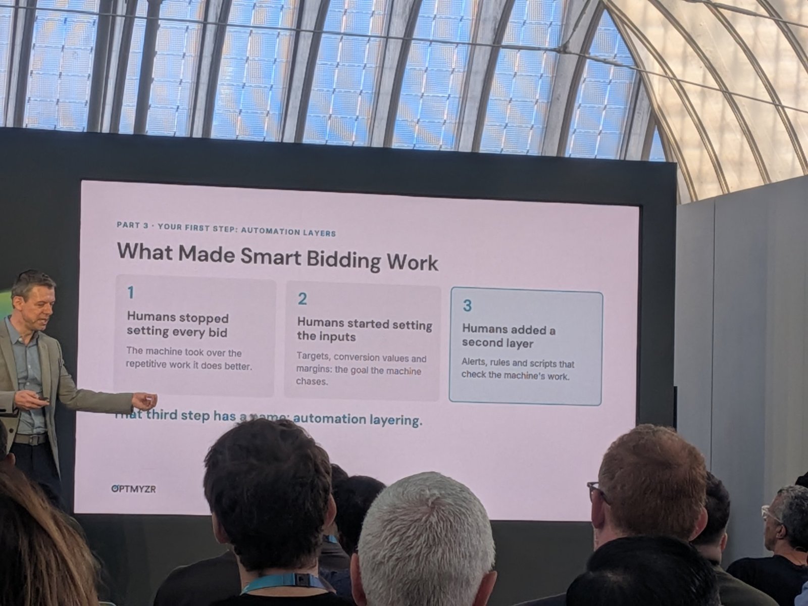 Slide: What made Smart Bidding work, humans stopped setting every bid, set the inputs and added a second layer