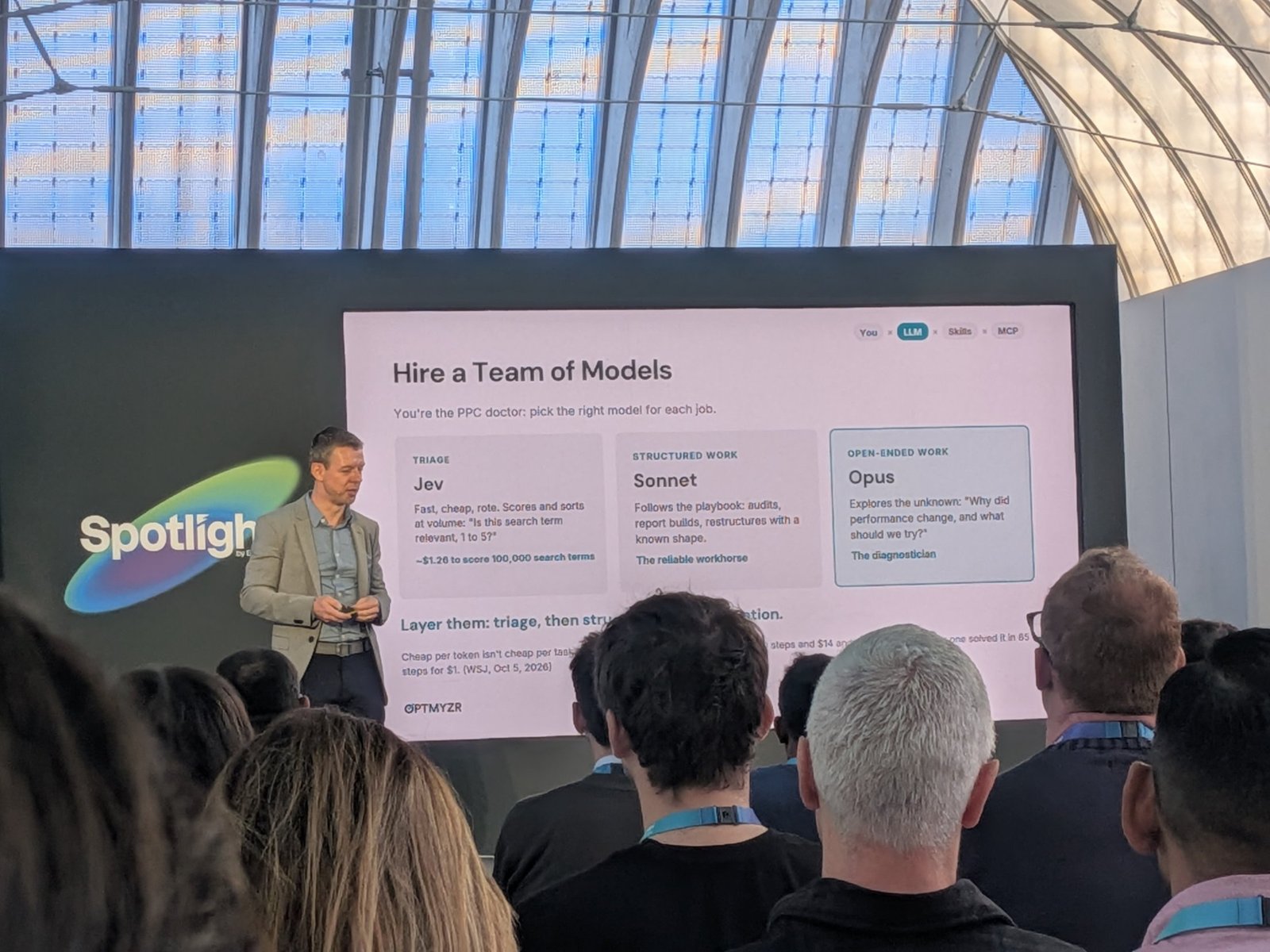 Slide: Hire a team of models, triage, structured work with Sonnet and open-ended work with Opus