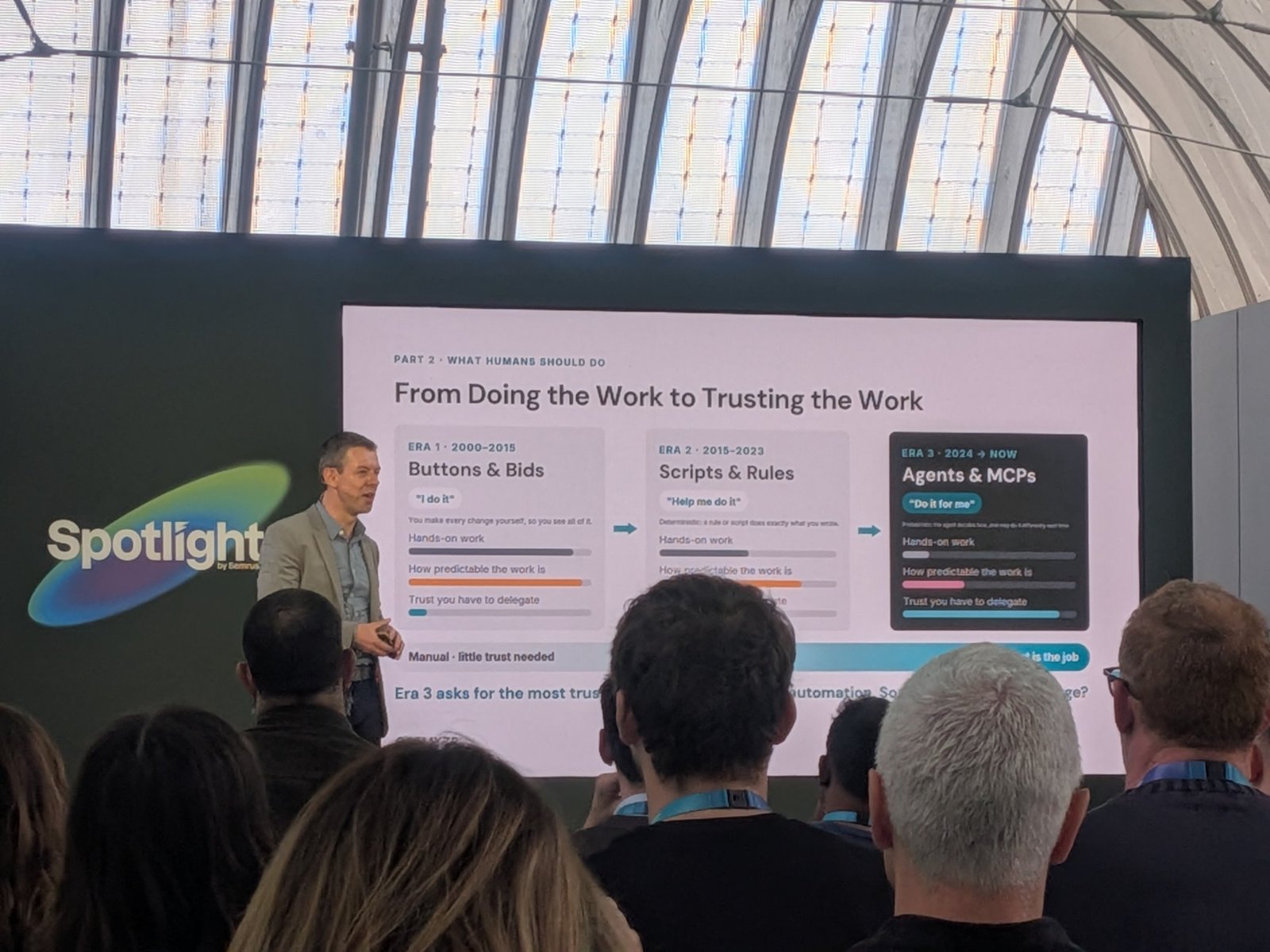 Slide: From doing the work to trusting the work, three eras of PPC from buttons and bids to agents and MCPs