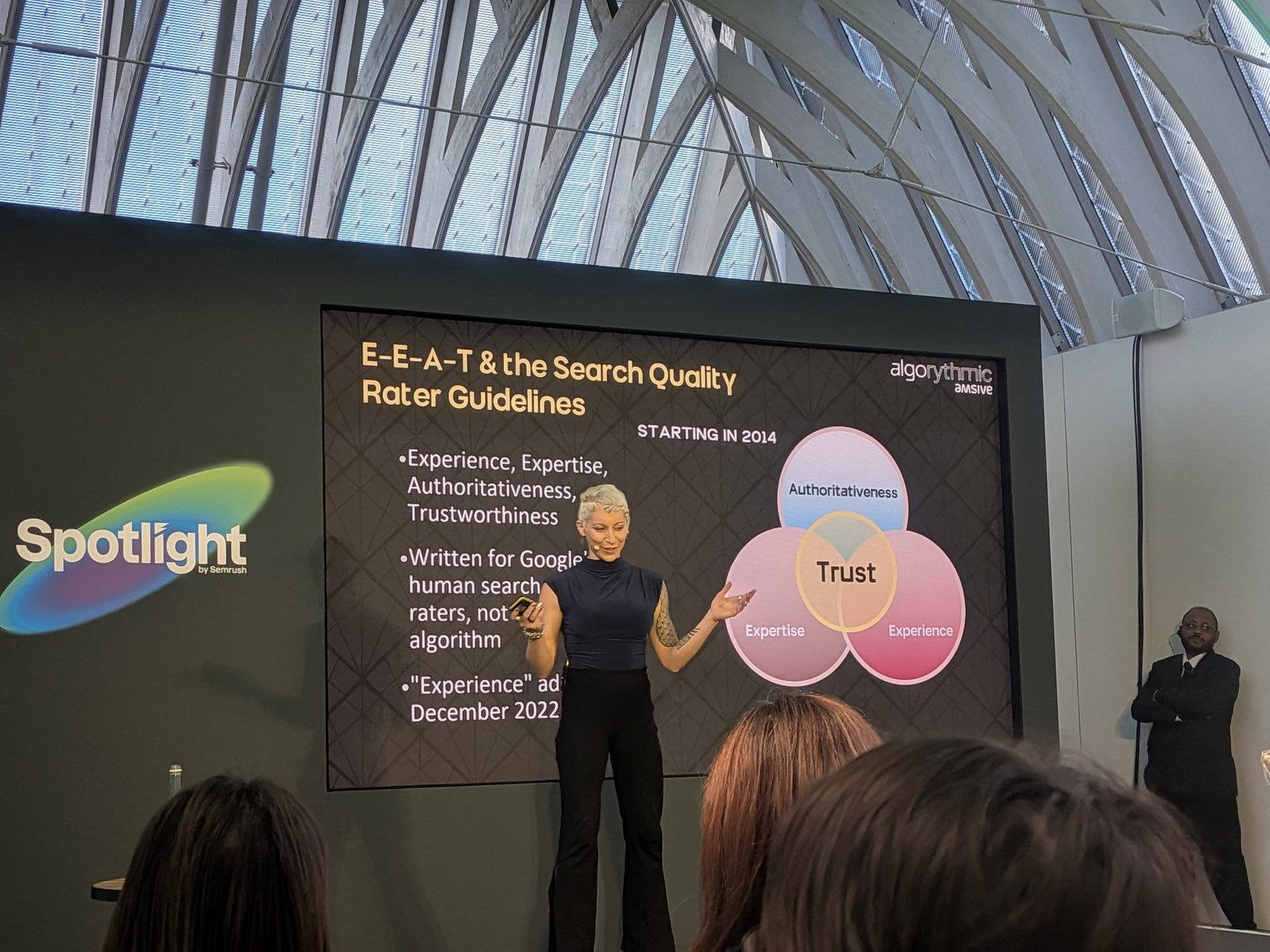Lily Ray presenting E-E-A-T and the Search Quality Rater Guidelines at Spotlight 2026