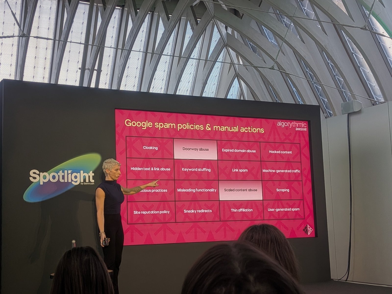 Slide: Google spam policies and manual actions, with doorway abuse and scaled content abuse highlighted