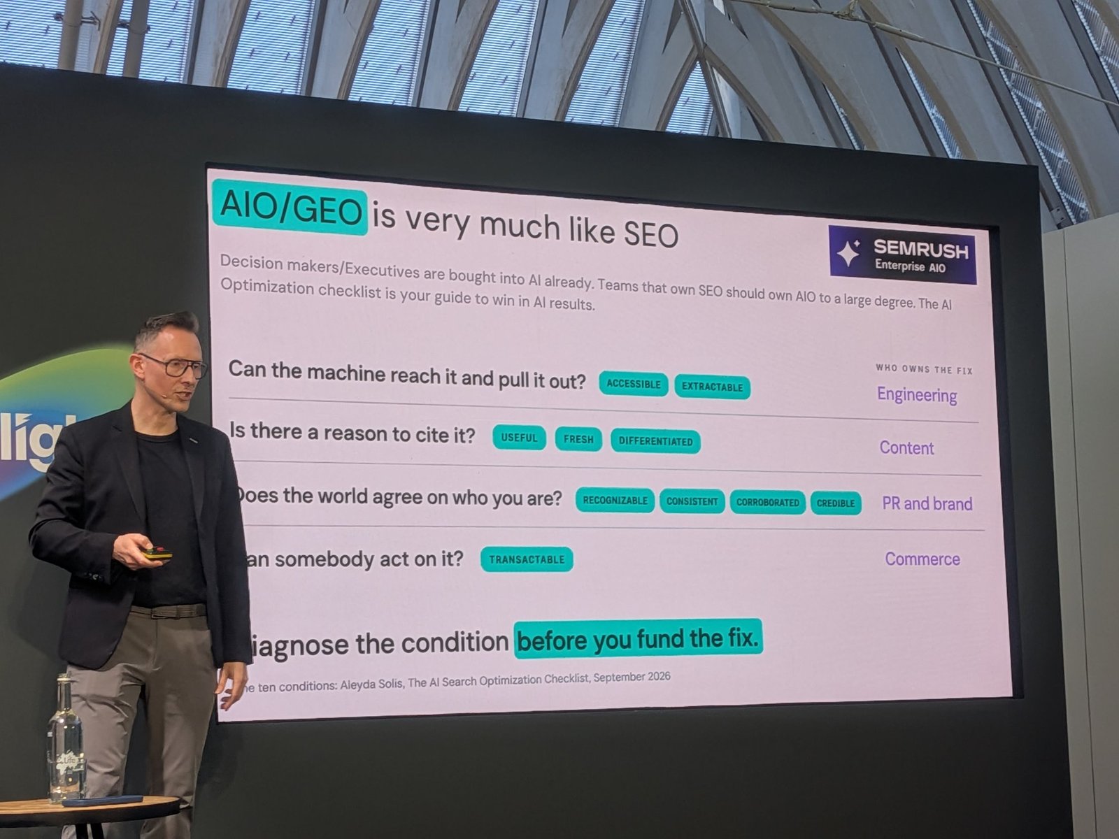 Slide: AIO and GEO is very much like SEO, four questions and who owns each fix