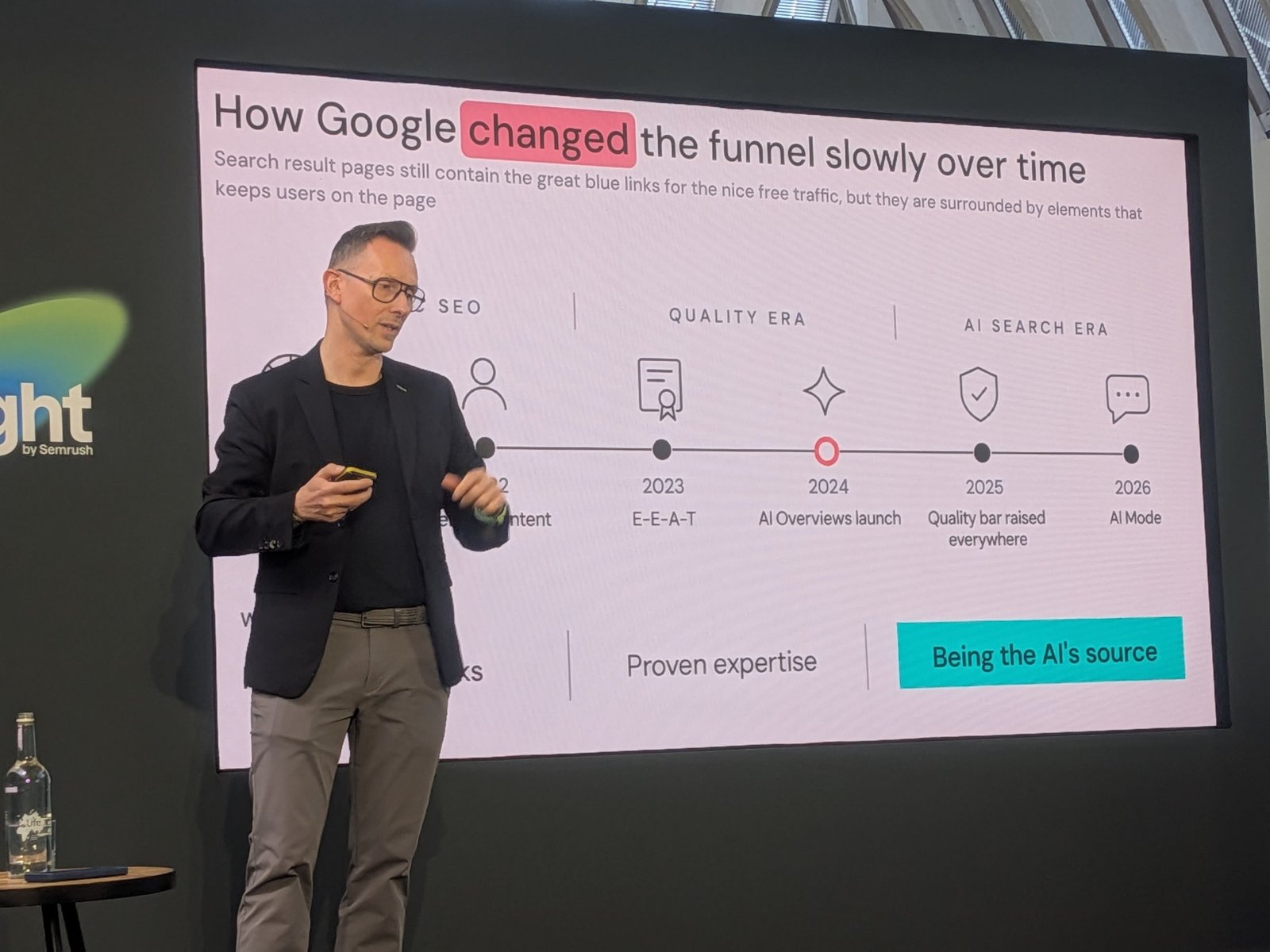 Slide: How Google changed the funnel slowly over time, from classic SEO to the quality era to the AI search era