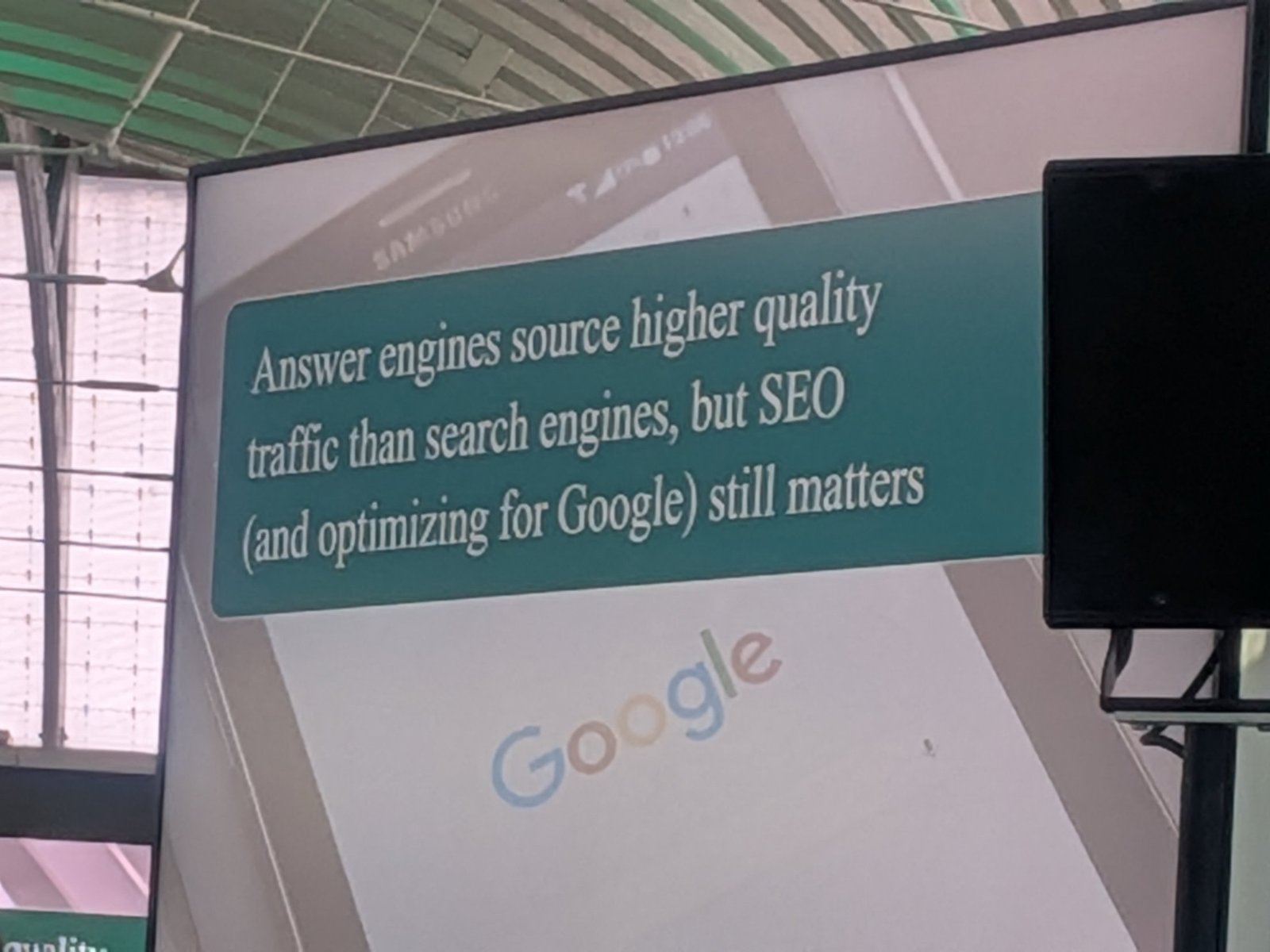 Slide: Answer engines source higher quality traffic than search engines, but SEO (and optimizing for Google) still matters