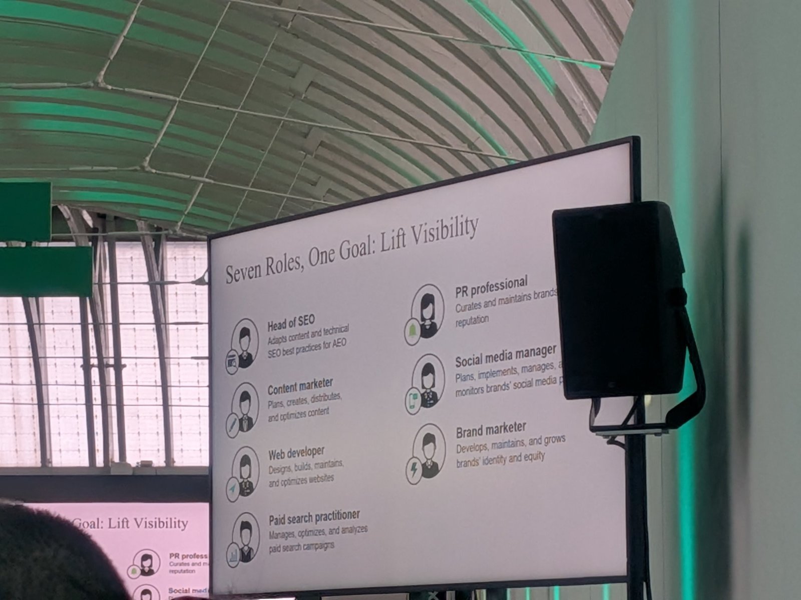 Slide: Seven roles, one goal, lift visibility, from head of SEO to brand marketer