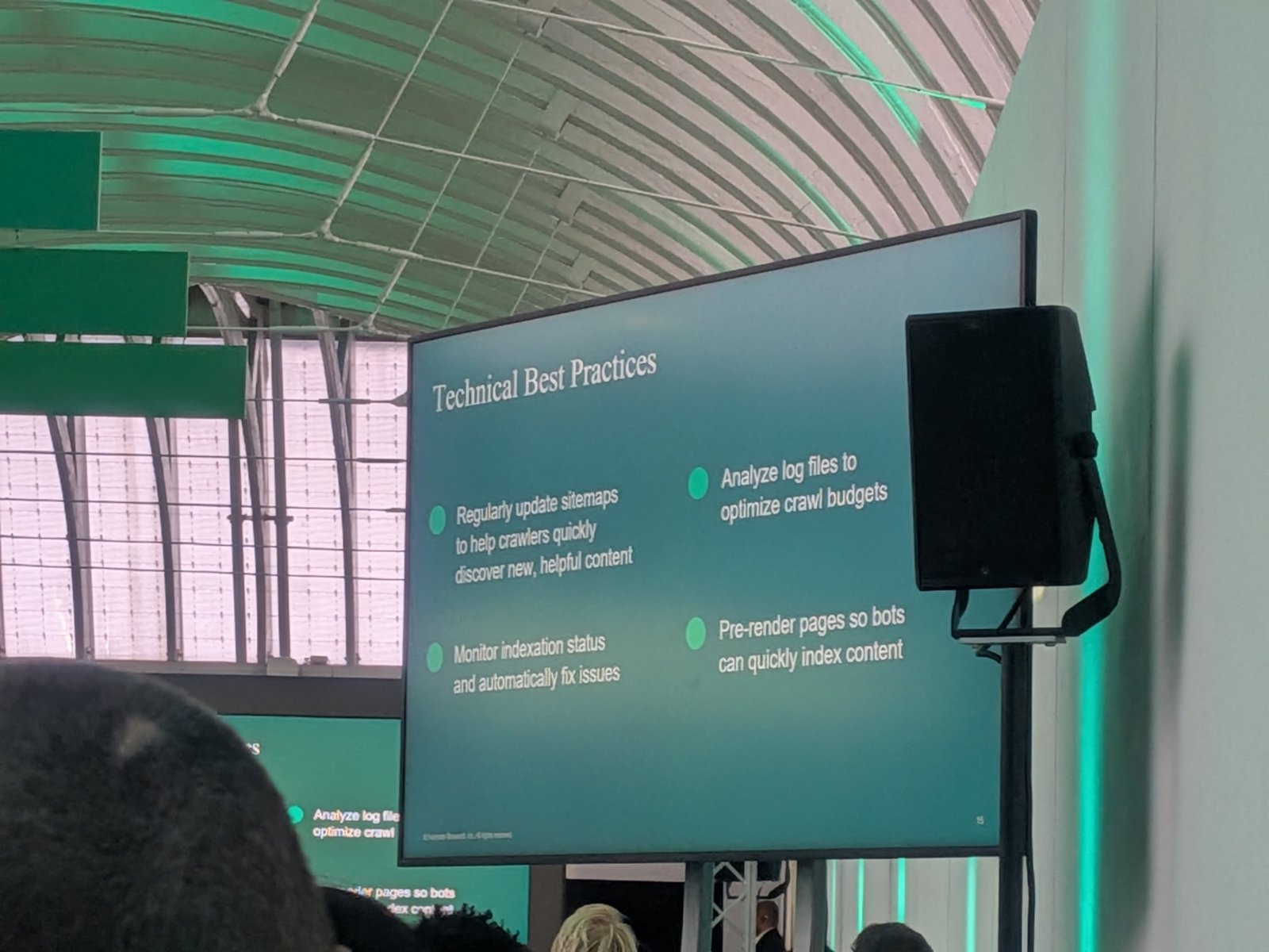 Slide: Technical best practices, update sitemaps, analyze log files, monitor indexation, pre-render pages