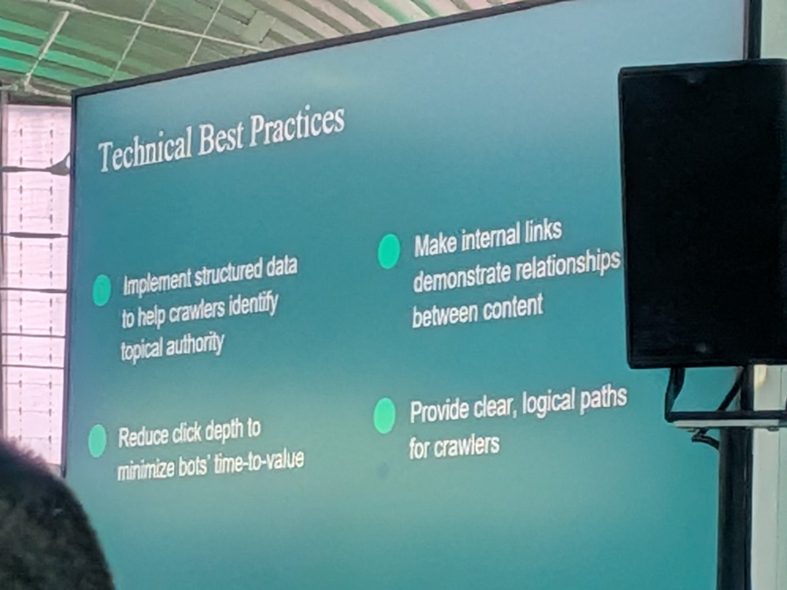 Slide: Technical best practices, structured data, internal links, reduce click depth, clear paths for crawlers