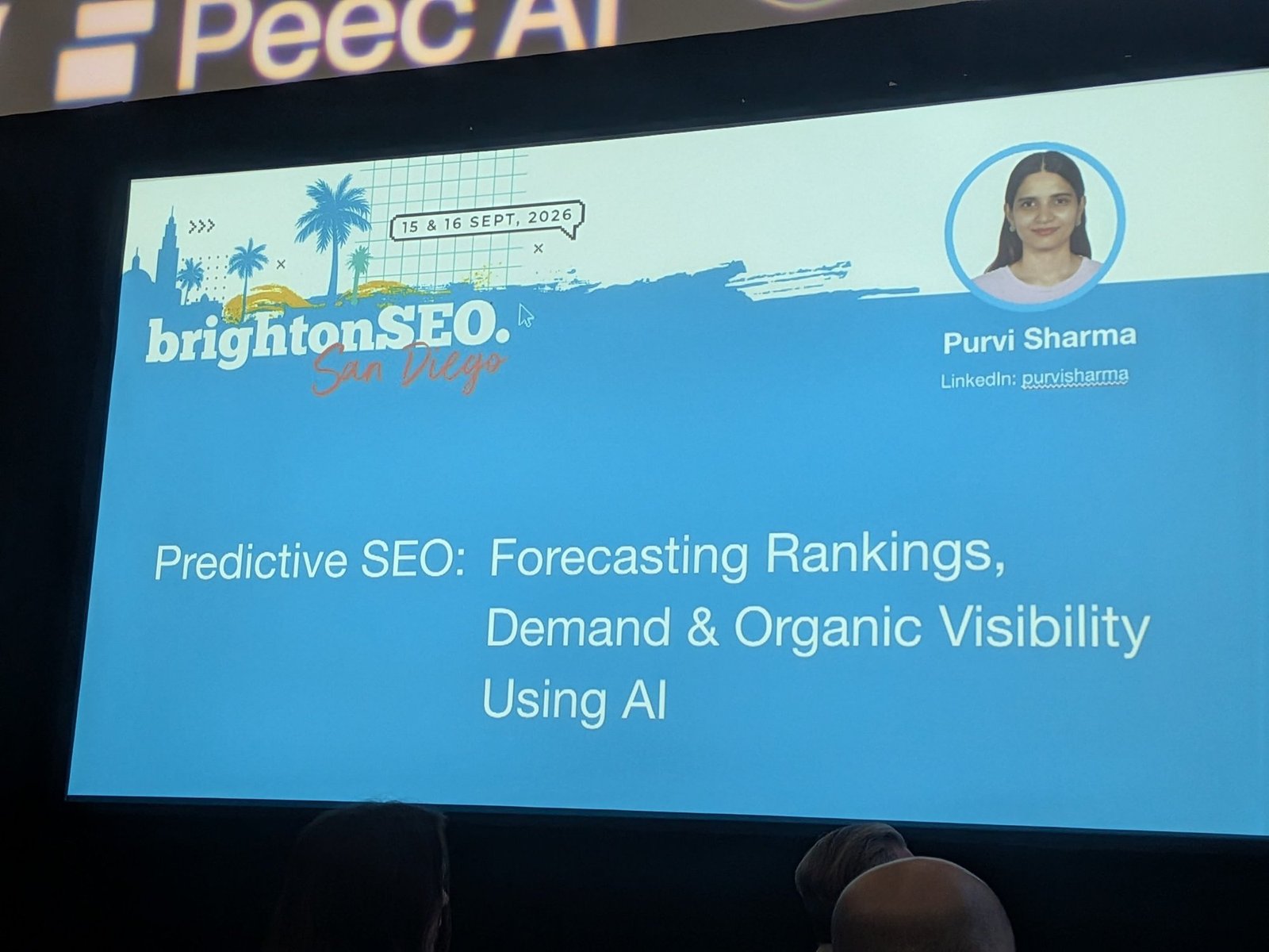 Title slide: "Predictive SEO: Forecasting Rankings, Demand & Organic Visibility Using AI" by Purvi Sharma