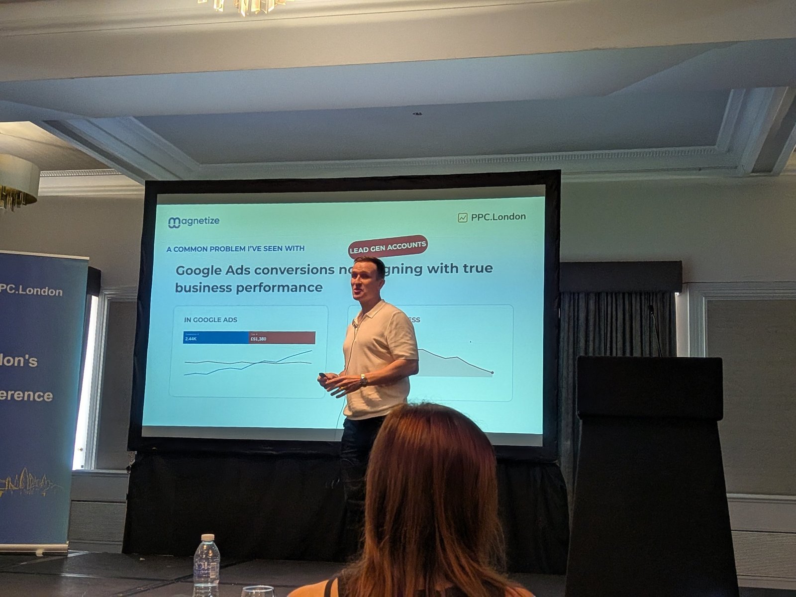 Slide "Google Ads conversions not aligning with true business performance", with rising conversions in Google Ads and a falling line for the business