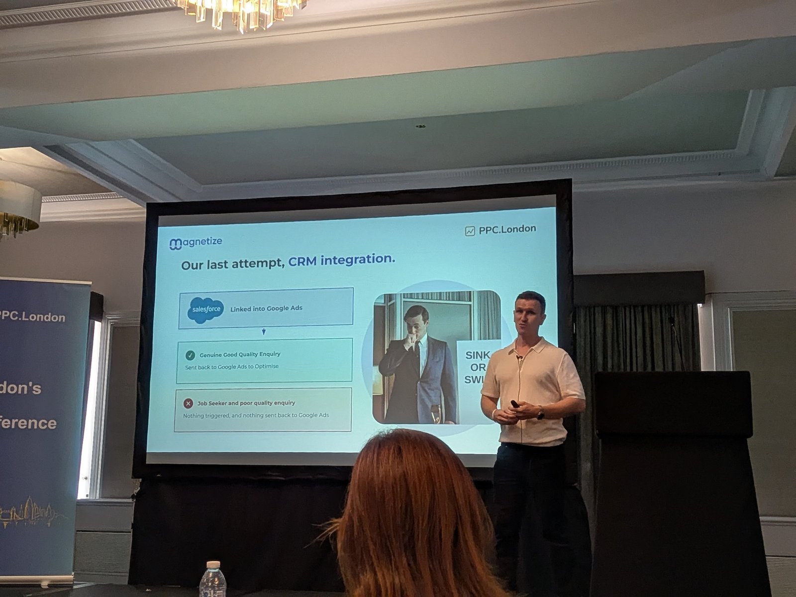 Slide "Our last attempt, CRM integration." Salesforce linked into Google Ads. Genuine good quality enquiries sent back to Google Ads to optimise; job seekers and poor quality enquiries trigger nothing